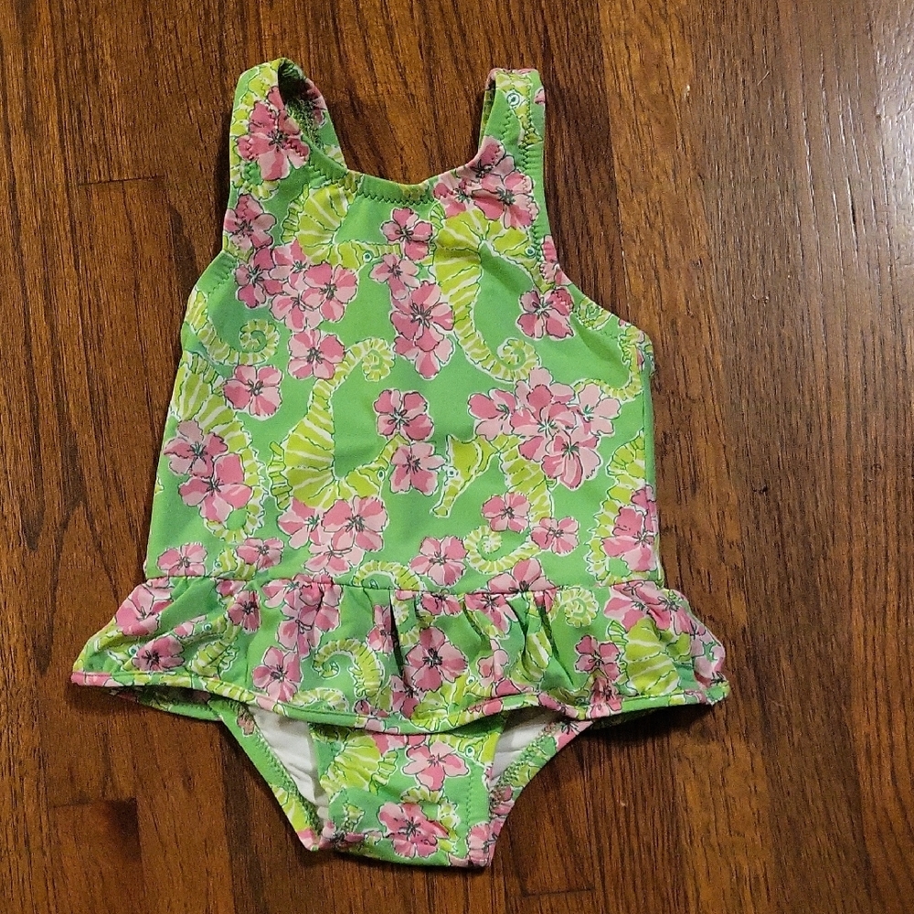 Lilly Pulitzer Vibrant Green and Pink Floral One Piece Swimsuit